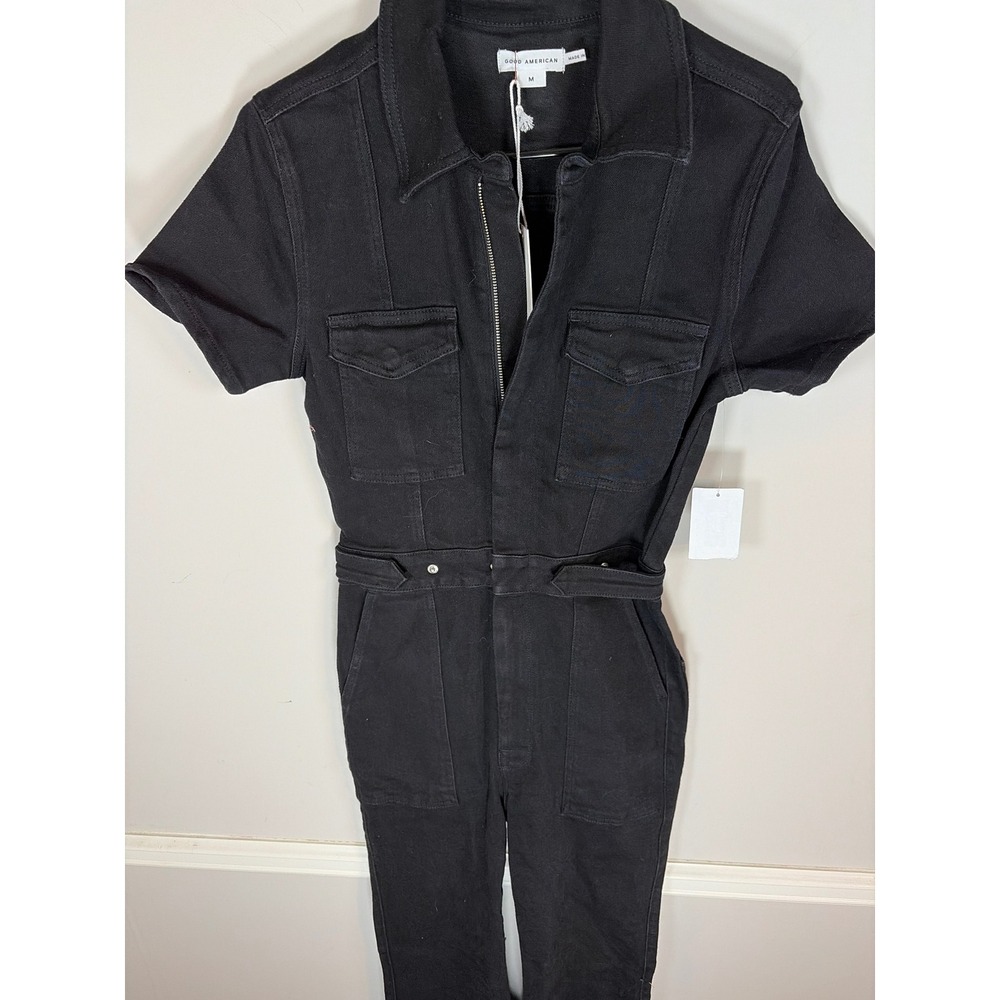Good American Fit for Success Short Sleeve Denim Jumpsuit Black GMJSB731BT M 2